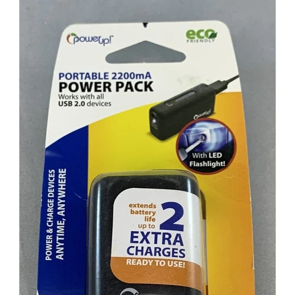PowerUp! Portable 2200mA Power Pack USB Battery Charger With LED Flashlight NEW